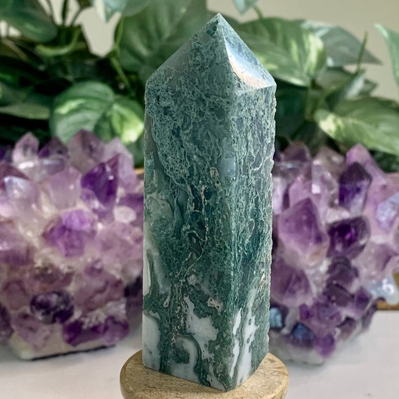 Moss Agate Crystal Tower Obelisk Energy Generator Chakra Healing Stone Wand 3.5" - Picture 7 of 14